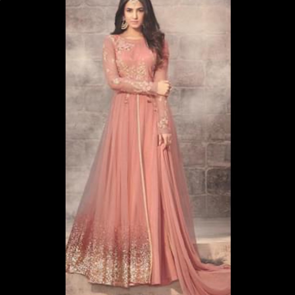 Embroidered Net Abaya Style Suit in Dark Peach